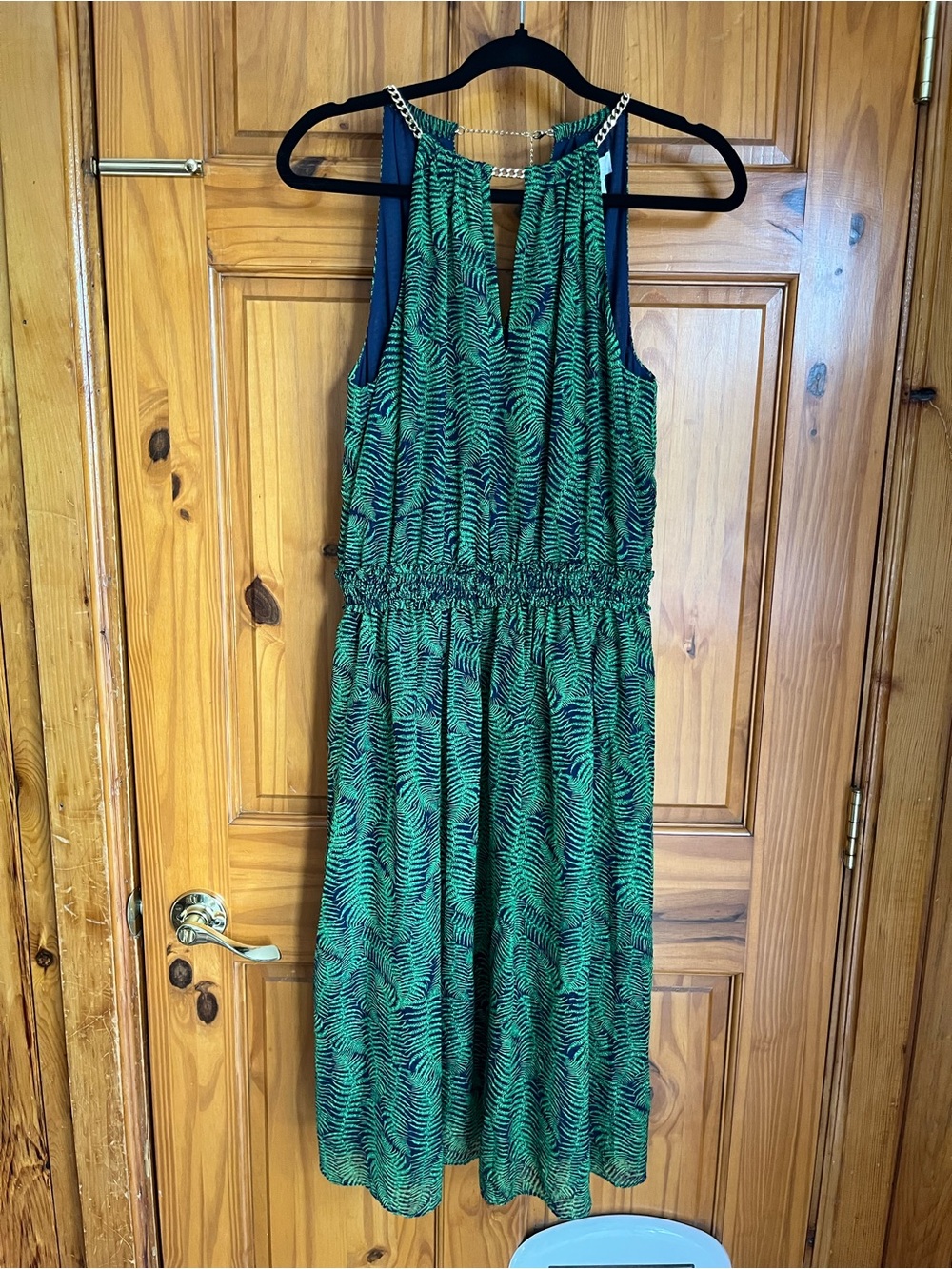 MICHAEL Michael Kors Green and Navy Printed Chain-Trim Midi Dress